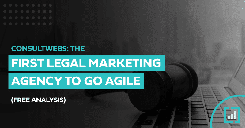 Consultwebs banner: Agile marketing for law firms featuring a gavel and free analysis offer.
